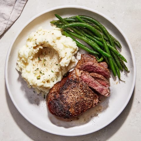 Golden-brown sirloin steak with garlic mashed potato mounds ready for serving.