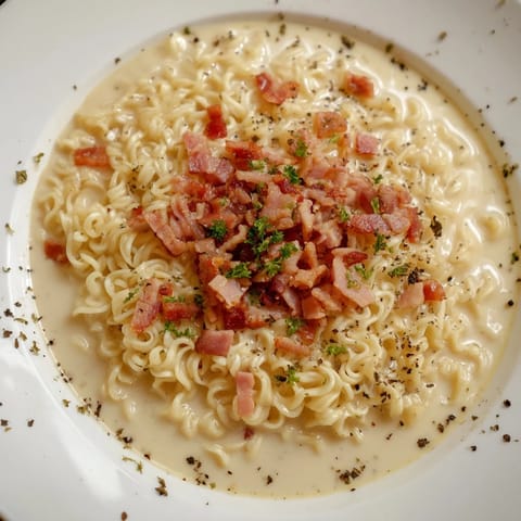 Golden browned bacon bits and melty cheese top this quickly-made Carbonara Ramen variation.