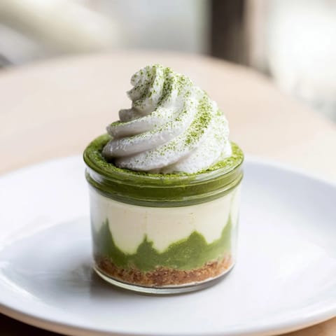Vibrantly swirled matcha covers the smooth surface of these luscious snowdrift cheesecake cups ready to enjoy.