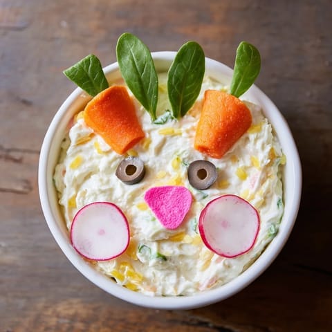 Creamy Piggy Face Dip bowl features a pink snout and olive eyes, served with crunchy dippers for kids.
