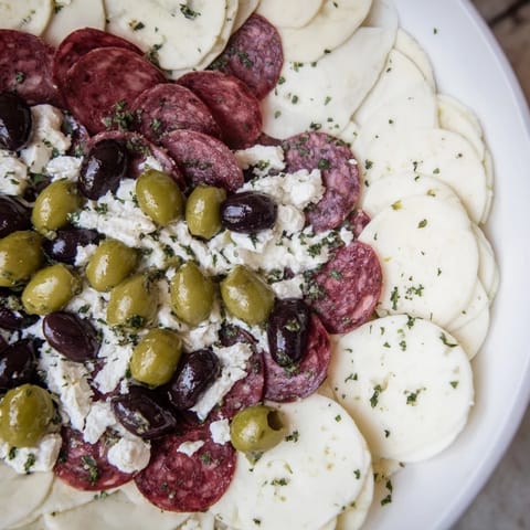 Vibrant overhead view of the Cobblestone Courtyard appetizer with scattered green and black olives.