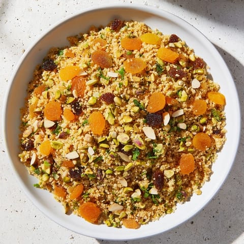 Vibrant couscous pilaf, featuring toasted almonds and warming spices, ready to serve with lemon.