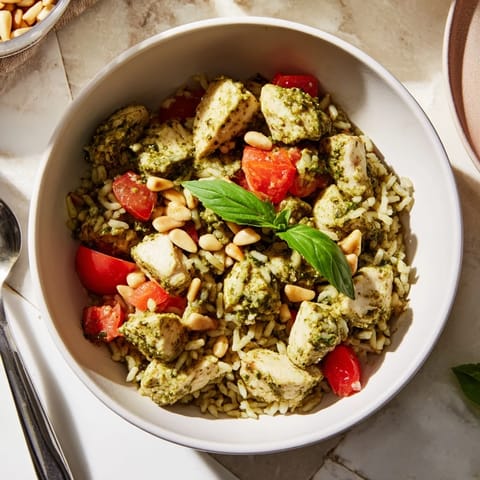 The Chicken Pesto Rice Bowl features tender pesto-coated chicken served over warm white rice.  