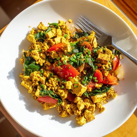 A vibrant plant-based tofu scramble with fresh spinach and tomatoes, garnished with chives and warm spices.  