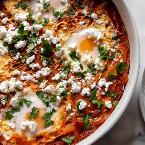 A close-up of shakshuka in a cast-iron skillet, featuring runny yolks nestled in a rich, spiced tomato and bell pepper sauce.