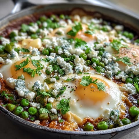 Ladle of warm Pea and Broad Bean Shakshuka showing tender asparagus, sweet peas, and broad beans in a lightly spiced tomato sauce, with crusty bread for dipping nearby.