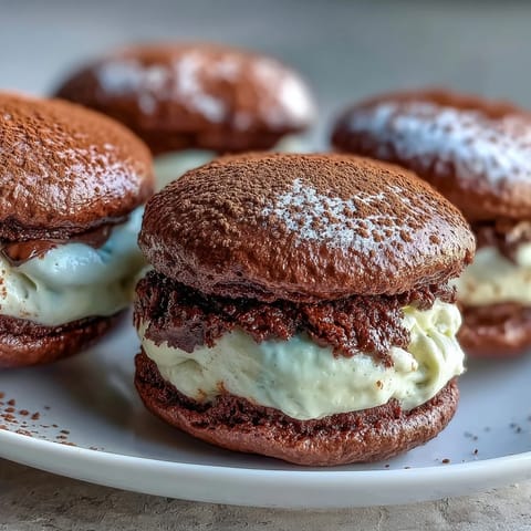 A close-up of Tiramisu Whoopie Pies revealing a luscious espresso cream filling between tender chocolate cake rounds.