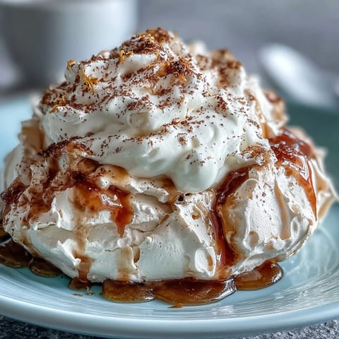 Delicate Mini Hot Toddy Pavlovas topped with spiced whisky poached pears and fluffy whipped cream.