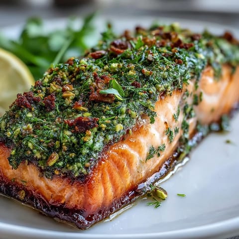 Golden confit salmon fillets with a vibrant green tahini, pistachio, and herb crust on a plate.