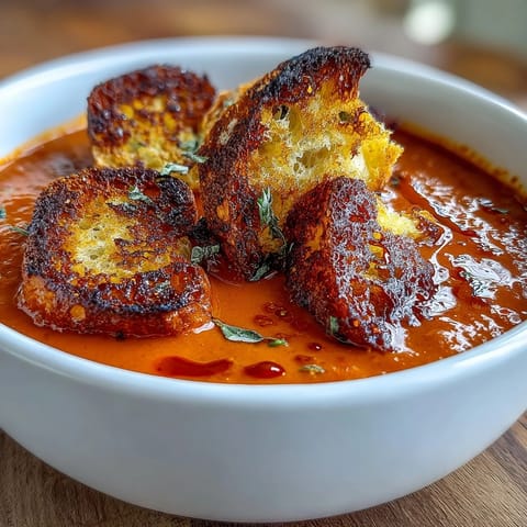 Vibrant orange Roasted Red Pepper Soup With Crispy Croutons in a rustic bowl, steam rising from the silky, blended soup. 
