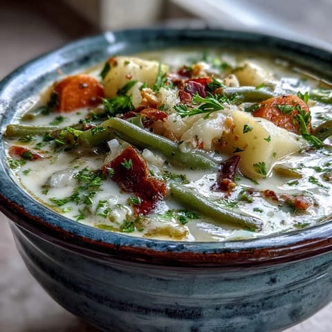 The hearty Amish Snow Day Soup simmers in a pot, featuring colorful potatoes, corn, and carrots in a velvety cream base.