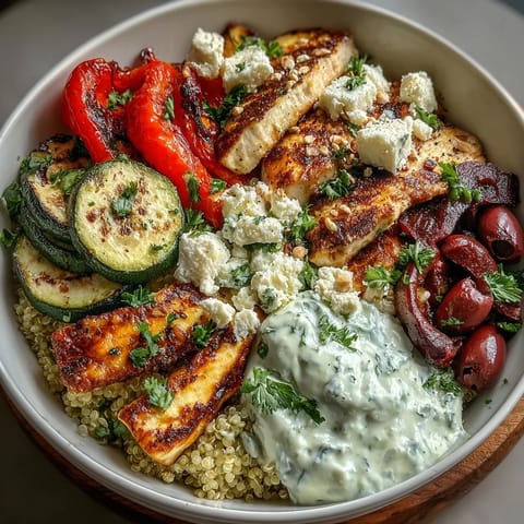 Roasted zucchini and bell peppers add color while a dollop of creamy tzatziki completes the vibrant dish.
