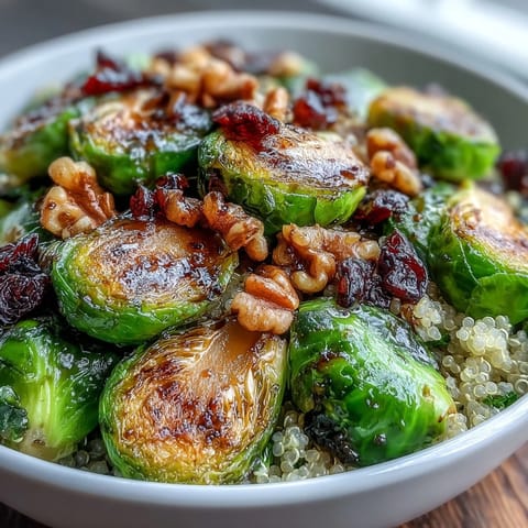 Golden roasted Brussels sprouts and red onion over fluffy quinoa in a white bowl, drizzled with tangy balsamic dressing.