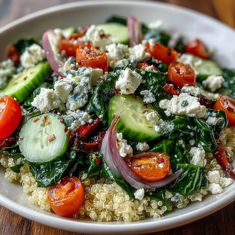 Warm Spinach and Feta Grain Bowl with lemon dressing and toasted pine nut garnish.