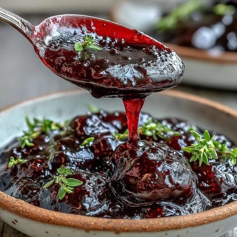 A bowl of vibrant Black Currant Glaze garnished with thyme, paired with roasted carrots and pork for a tangy-sweet pairing.