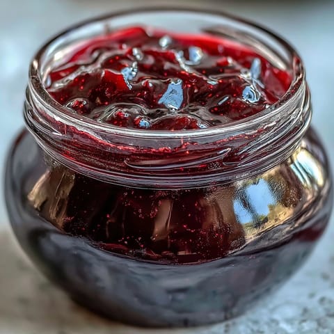 Homemade black currant jelly gleams ruby-red in a glass jar, its smooth, jewel-like texture captured in soft, natural light.