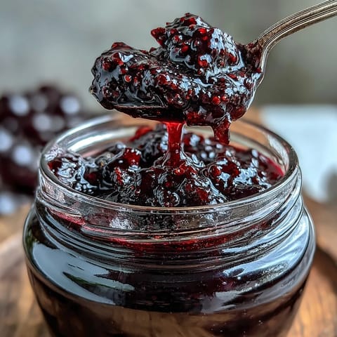 Homemade Black Currant Jam glistening deep purple in a sterilized jar with a spoon ready for toast.