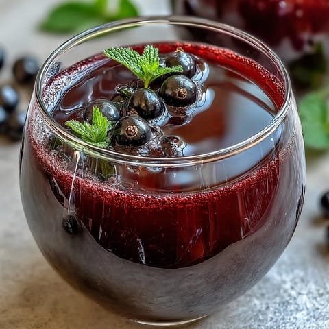 Close-up of deep purple Crème de Cassis liqueur in a stemmed glass, with fresh blackcurrants beside it. 