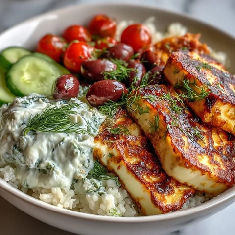 Golden-seared Greek Halloumi Power Bowl with crisp veggies, creamy tzatziki, and warm pita wedges.