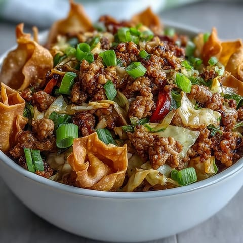 Ranch Turkey & Veggie Egg Roll Bowl topped with crispy wonton strips and fresh cilantro in a white bowl.