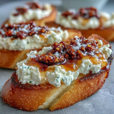 Crispy golden baguette slices topped with creamy ricotta and drizzled with spicy hot honey for Hot Honey Ricotta Bruschetta.
