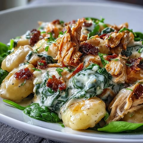 A close-up of Creamy Spinach & Parmesan Gnocchi with Chicken, highlighting the tender gnocchi coated in rich garlic sauce.