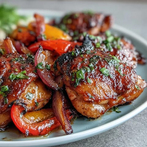 Golden-brown Sheet Pan Honey Garlic Chicken thighs roasted with red bell peppers and onions, alongside warm, buttered garlic naan bread on a sheet pan.