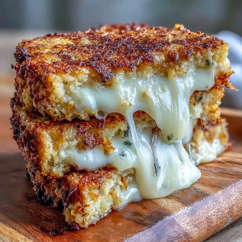 Golden brown Keto Cheesy Cauliflower Bread Grilled Cheese sandwiches oozing melted cheddar and mozzarella cheese.