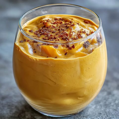 Golden glass of Vegan Mango Turmeric Golden Milk Smoothie with cinnamon garnish and chia seeds.
