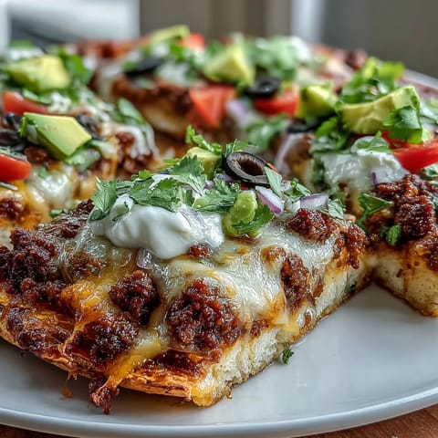 Keto Taco Pizza on Crispy Cheese Crust: golden melted cheese base topped with seasoned ground beef, fresh veggies, and creamy avocado slices.
