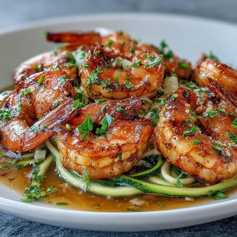 Plump shrimp cooked in rich garlic butter sauce served atop tender zucchini noodles, garnished with red pepper flakes and lemon zest.