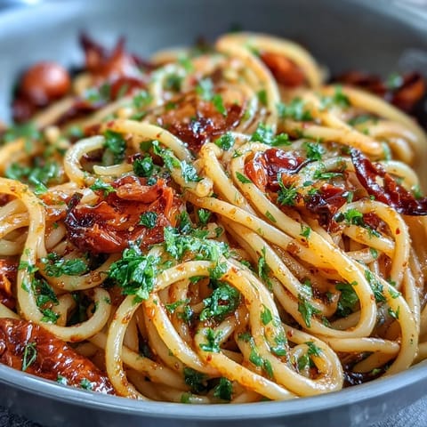 A steaming bowl of bucatini pasta coated in fiery Calabrian chili sauce, garnished with grated cheese and parsley.  