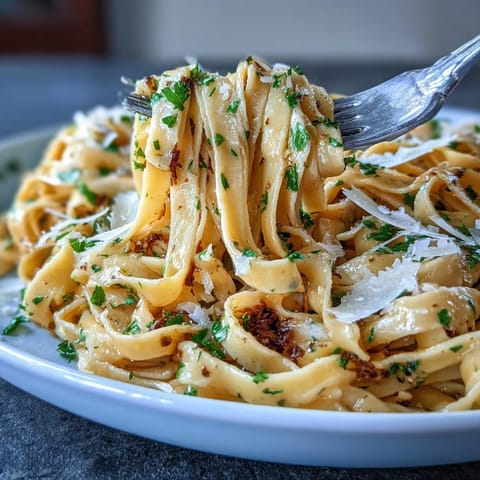 A plate of fresh egg pasta infused with truffle oil, tossed in silky butter and topped with Parmesan.