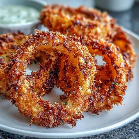 Crunchy, golden onion rings coated in panko and Parmesan, paired with a zesty homemade garlic aioli dip.  