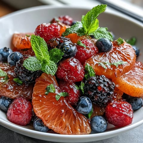 Citrus and Berry Spring Fruit Salad with Mint: a colorful mix of fresh berries, orange, and grapefruit segments, drizzled with citrus-honey dressing and topped with mint.  