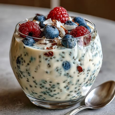 Fluffy Yogurt Chia Pudding with Vanilla Bean, topped with fresh berries and coconut flakes for a creamy, healthy treat.