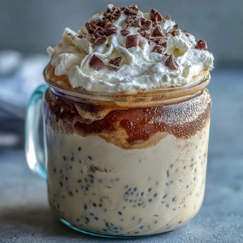 Creamy vanilla bean frappuccino overnight oats with espresso and Greek yogurt, topped with whipped cream and chocolate chips in a glass jar.
