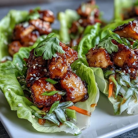Homemade teriyaki chicken pineapple lettuce wraps with tender chicken, sweet pineapple, and crunchy vegetables wrapped in fresh butter lettuce leaves.  