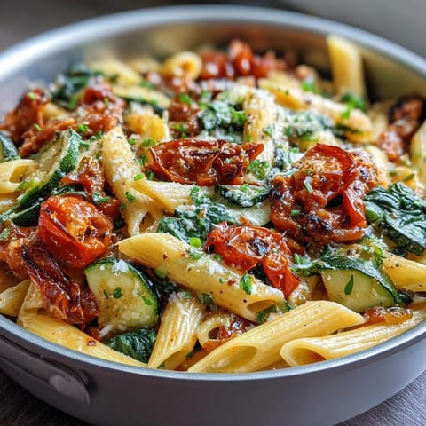 Easy one-pot vegetarian pasta featuring zucchini, bell pepper, and spinach simmered in a savory tomato sauce, finished with Parmesan.