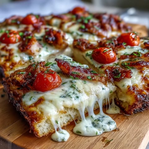 Kentucky Derby Hot Brown Flatbread Pizza with turkey, bacon, tomatoes, and creamy Mornay sauce on golden crust.
