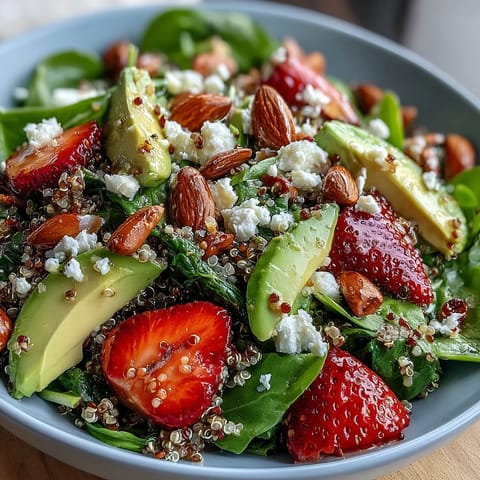 A vibrant strawberry avocado quinoa salad with fresh spinach, creamy avocado, and juicy strawberries.  