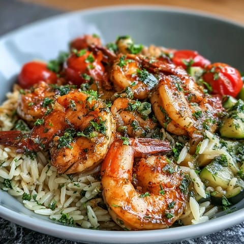 Vibrant one-pan lemon butter shrimp and orzo with juicy shrimp, fresh zucchini, and cherry tomatoes in a zesty, buttery sauce.