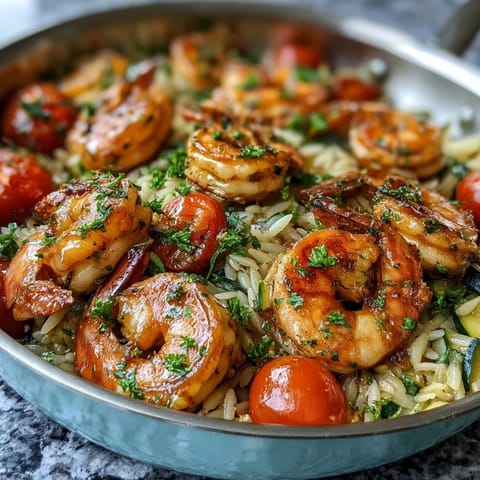 Creamy lemon butter shrimp and orzo skillet with tender orzo, sautéed vegetables, and bright citrus flavors for a quick dinner.