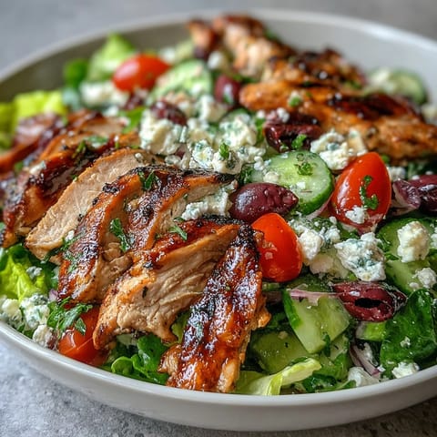 Greek Salad Bowl with Grilled Chicken, a vibrant mix of crisp greens, juicy tomatoes, cucumbers, and creamy feta, topped with savory grilled chicken slices.  