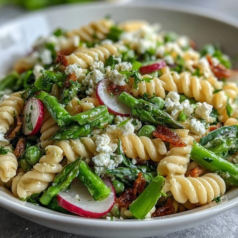 Vibrant spring pasta salad featuring tender pasta, crunchy radishes, and asparagus in a tangy lemon vinaigrette—perfect for picnics or light lunches.