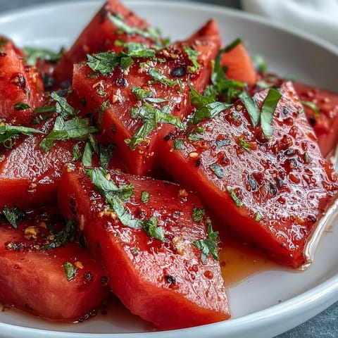 Fresh watermelon slices dusted with Tajin and a squeeze of lime for a zesty, refreshing summer snack.  
