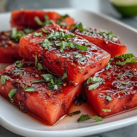 Sweet watermelon wedges topped with chili-lime Tajin seasoning and bright lime juice—perfect for picnics or beach days.  