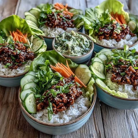 Fluffy rice topped with savory sesame turkey in sesame lettuce wrap bowls, garnished with cucumber ribbons and green onions.
