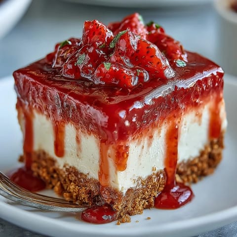 Creamy no-bake strawberry cheesecake, luscious and topped with vibrant fresh fruit sauce.