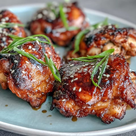 Golden soy glazed chicken thighs with caramelized skin, sticky sweet-savory sauce, and sesame seed garnish.